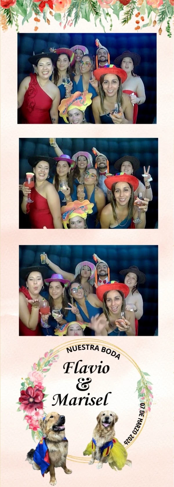 Tira fotográfica de una boda con tres fotos de invitados y diseño personalizado